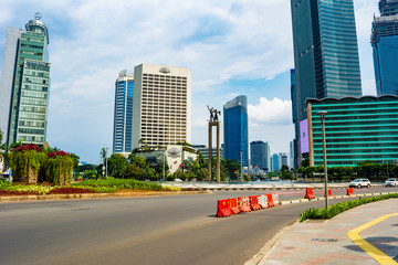 Jakarta, Indonesia - 3rd Apr 2020: Deserted Jakarta streets in Bundaran HI (HI Roundabout). People are staying at home (working from home) due to dear of covid-19.