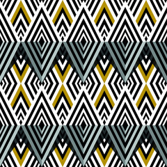 Seamless geometric pattern with black with white and yellow rhombuses in 3d.
Print for textiles, fabrics, backgrounds, accessories, wrapping paper, wallpaper.