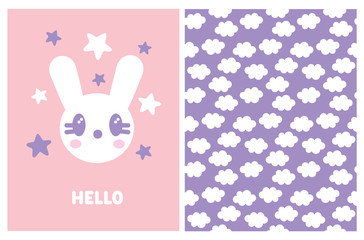 Cute Kawaii Style Baby Shower Vector Illustration and Seamless Pattern. Sweet White Baby Bunny Isolated on a Pink Background. Print with White Fluffy Clouds on a Violet Sky. Lovely Nursery Art.