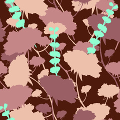Seamless pattern with flowers silhouettes. Vector abstract texture in beige and brown with a turquoise accent.
Print for textiles, fabrics, backgrounds, accessories, wrapping paper, wallpaper.