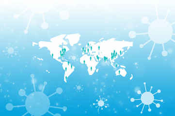 Weltkarte mit Viren und Covid Erregern auf blauem Hintergrund