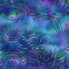 Fototapeta premium Holographic surreal ombre iridescent blend of purple green and blue with digital pattern overlay. Soft flowing surreal fantasy graphic design. Seamless repeat raster jpg pattern swatch.
