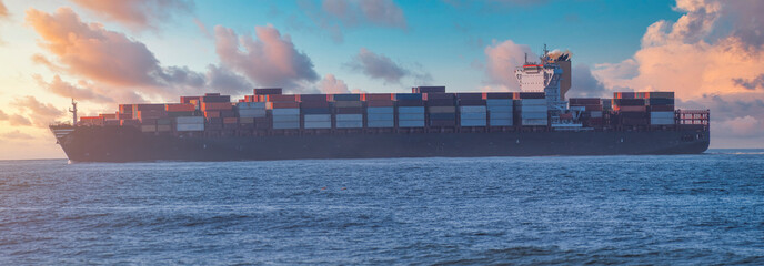 cargo ship in the ocean transports containers