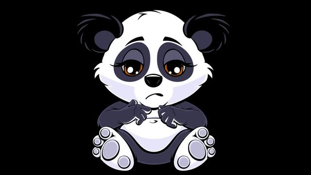 The cartoon panda is sad and crying. Animated mascot, sticker. Emotions. Transparent background, loop.