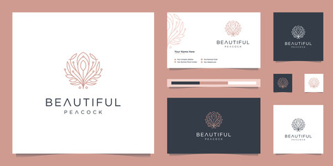 logo design beautiful peacock and business card template. minimalist luxury fashion line designs, jewelry, salon, spa.