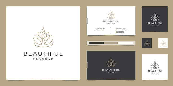 logo design beautiful peacock and business card template. minimalist luxury fashion line designs, jewelry, salon, spa.