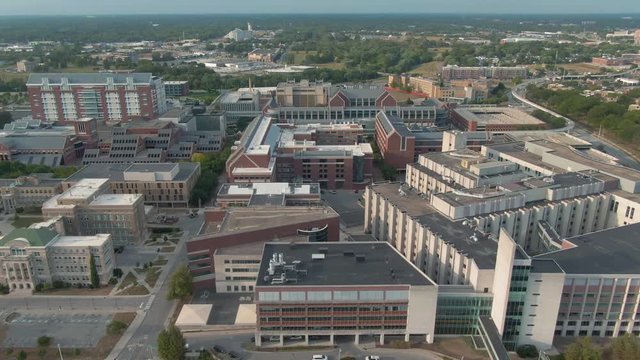 Aerial flying over Indiana University&ndash;Purdue University, Indianapolis, Indiana, USA. 22 September 2019