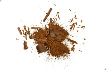 cocoa powder and chocolate chips isolated on white background