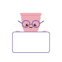 Fototapeta na wymiar Cute cartoon style pink menstrual cup character in glasses holding blank, empty card in hands. 