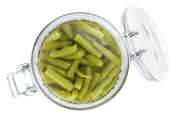 Preserved Green Beans isolated on white background (selective focus; close-up shot)