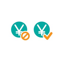 Two money icons. Blue circles with japanese yen signs and orange circle with tick and crossed circle.