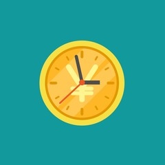 Gold coin clock with yen sign. Flat icon isolated on powder blue.