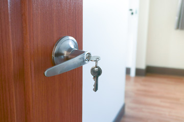 Metal door knob and keys closeup,Interior door knob in bedroom