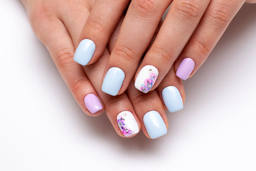 Wedding manicure. Light blue, lilac, white manicure on short square nails with stains, abstraction, ink for nails, crystals. Bleached nameless nail.