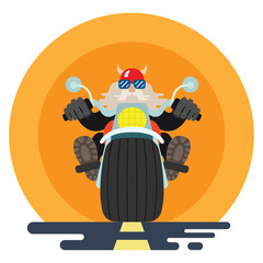 A biker is riding a motorbike on the road. Sunset on the background. Vector illustration of a man with beard.