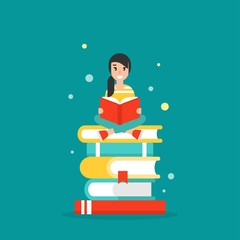 cute girl with red book siting on stack of books. creati
