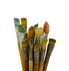 Paints and brushes isolated on white background.
