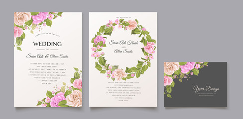 wedding invitation card with floral and leaves template