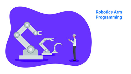 Engineer is testing a robotics arm program. Mechanical hand. Industrial robot manipulator. Modern industrial technology.