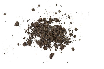Organic soil isolated on white background. Dirty earth on white background. Natural soil texture. Patch of soil or mud.