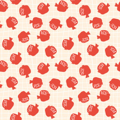 Pomegranate seamless pattern with pink hand drawn grid background.