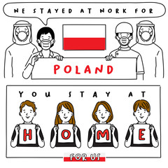 Covid-19 quotes from hospital workers with national flag : I stayed at work for you, You stay at home for us. : Vector Illustration