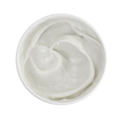 Fototapeta na wymiar White beauty cream with zeolite. top view. Cosmetic cream container isolated on white background. Bodu cream.