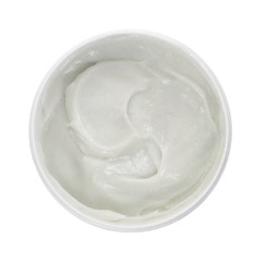 White beauty cream with zeolite. top view. Cosmetic cream container isolated on white background. Bodu cream.