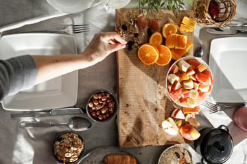 Breakfast on the table on a beautiful holiday morning with free space for an advertising product
