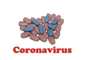 Coronavirus inscription in the frame of pills. Coronovirus Treatment. Pneumonia. Heart made of pills