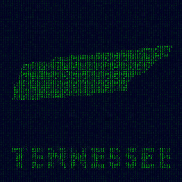 Digital Tennessee logo. US state symbol in hacker style. Binary code map of Tennessee with US state name. Vibrant vector illustration.