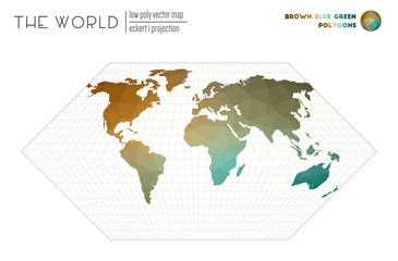Low poly design of the world. Eckert I projection of the world. Brown Blue Green colored polygons. Awesome vector illustration.