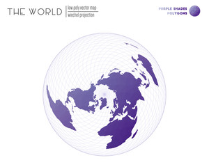 Vector map of the world. Wiechel projection of the world. Purple Shades colored polygons. Neat vector illustration.