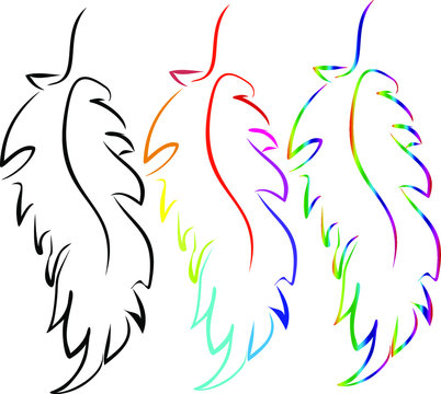 Colorful feather on white background. Design element set. Vector illustration,  isolated object.  Artistic decoration illustration. Design element set.