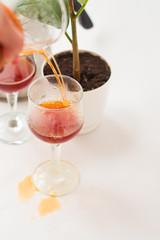 White background, flower in pot, strong black natural coffee in glassware prepared by alternative method from arabica beans.