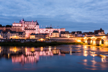 Fototapeta na wymiar Amboise city on the Loire river with its castle on a summer night. (France)