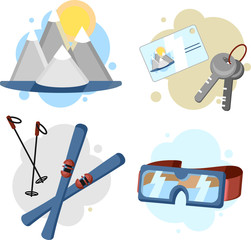 Ski resort icons set. Equipment for skiing or winter travel on holidays or weekend. Snow, sky, ski and relax. Vector illustration