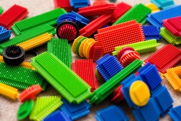 Close up of colourful plastic children's toy building bricks