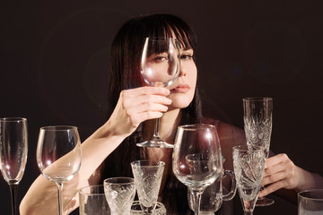 wine glasses sunlight shadow sun wine different glare hand woman white black background