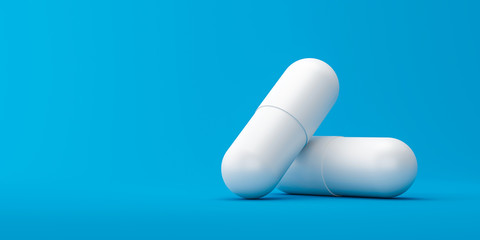 White capsule or painkillers with a pharmacy on a medical background. White pills for alleviating illness or fever. 3D rendering.