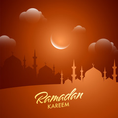 Islamic Holy Month of Ramadan Kareem Night Background with Mosque, Crescent Moon and Clouds.