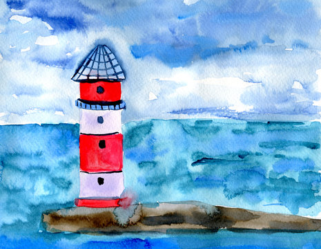 Beautiful seascape with blue clouds. Lighthouse in the sea watercolor painting illustration.