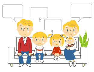 ソファーで泣いている5人家族 イラスト