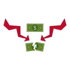 Money loss vector illustration, flat cartoon cash with down arrow stocks graph, concept of financial crisis, market fall, bankruptcy