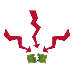 Money loss vector illustration, flat cartoon cash with down arrow stocks graph, concept of financial crisis, market fall, bankruptcy