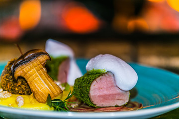 The food in the restaurant. Food styling and restaurant meal serving. Gourmet restaurant menu concept. Creative stylist restaurant