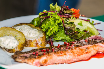 The food in the restaurant. Food styling and restaurant meal serving. Gourmet restaurant menu concept. Creative stylist restaurant