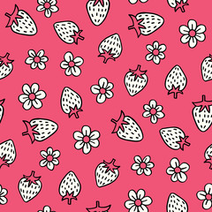 Monochrome Hand-Drawn Felt Tip Marker Strawberries and Blooms on Peach Pink Background Vector Seamless Pattern. Cute Summer Trendy Kids Print for Fashion, Textiles