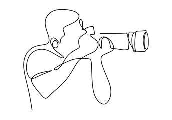 Man photographer with a camera takes pictures outdoors. Continuous line drawing of a black outline of a journalist or photographer at work. For animation. Vector monochrome, drawing by lines - obrazy, fototapety, plakaty