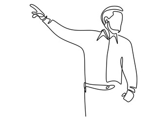 Continuous single drawn one line of person presentation standing to teaching, coaching, and presenting. People writing on the board to explain something. Flat line vector illustration